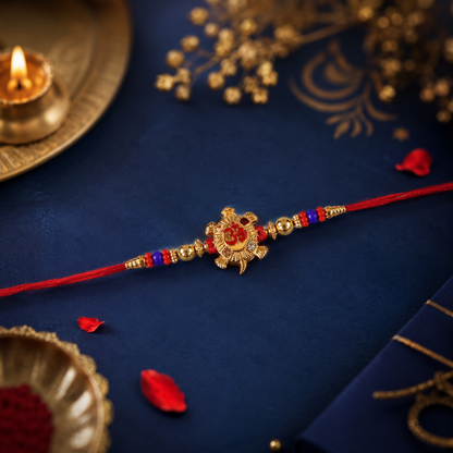 Tied Golden Tortoise Om Meena charm rakhi with beads