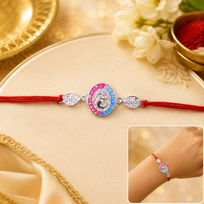 Silver round stone rakhi with dori for brother
