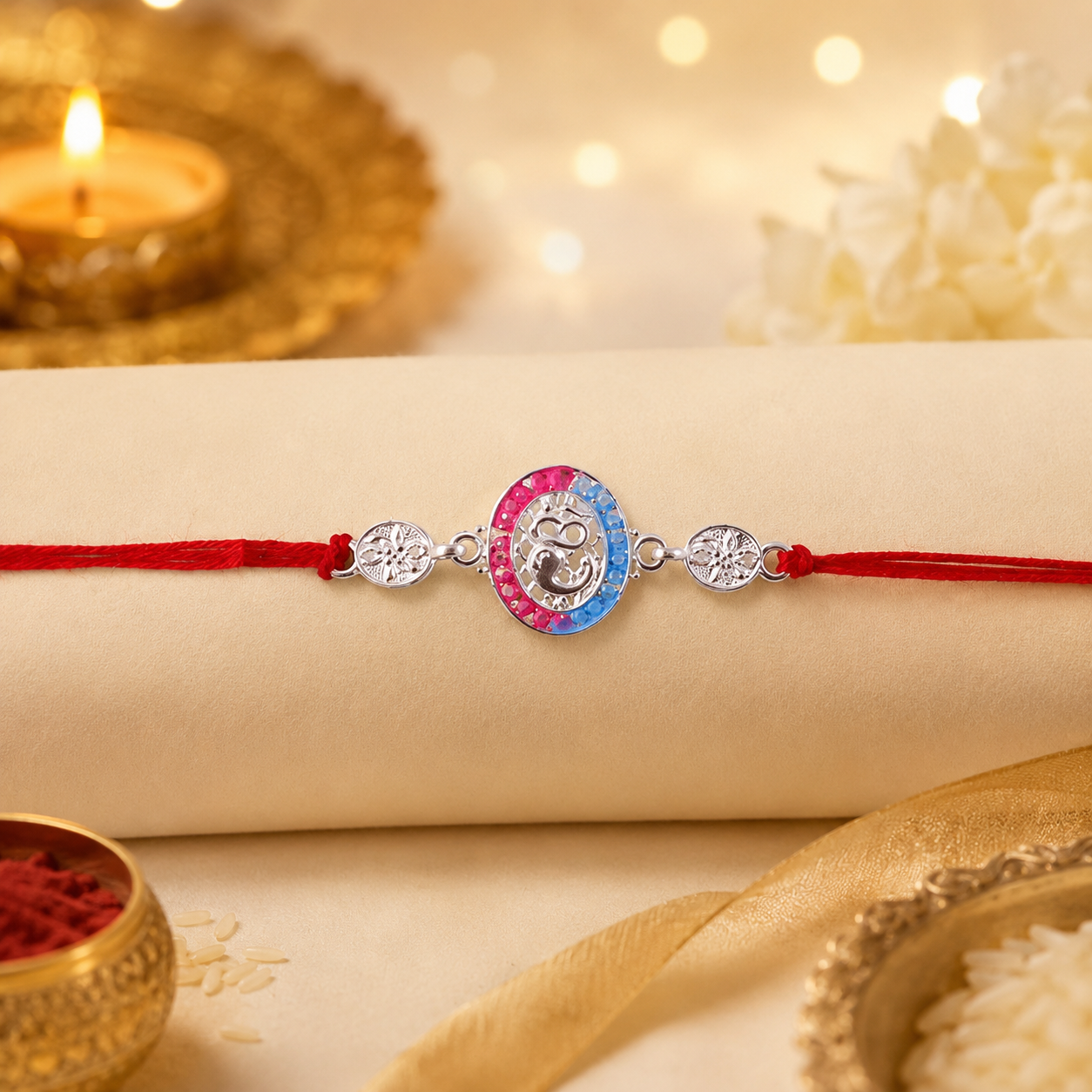 Silver charm rakhi with intricate threadwork