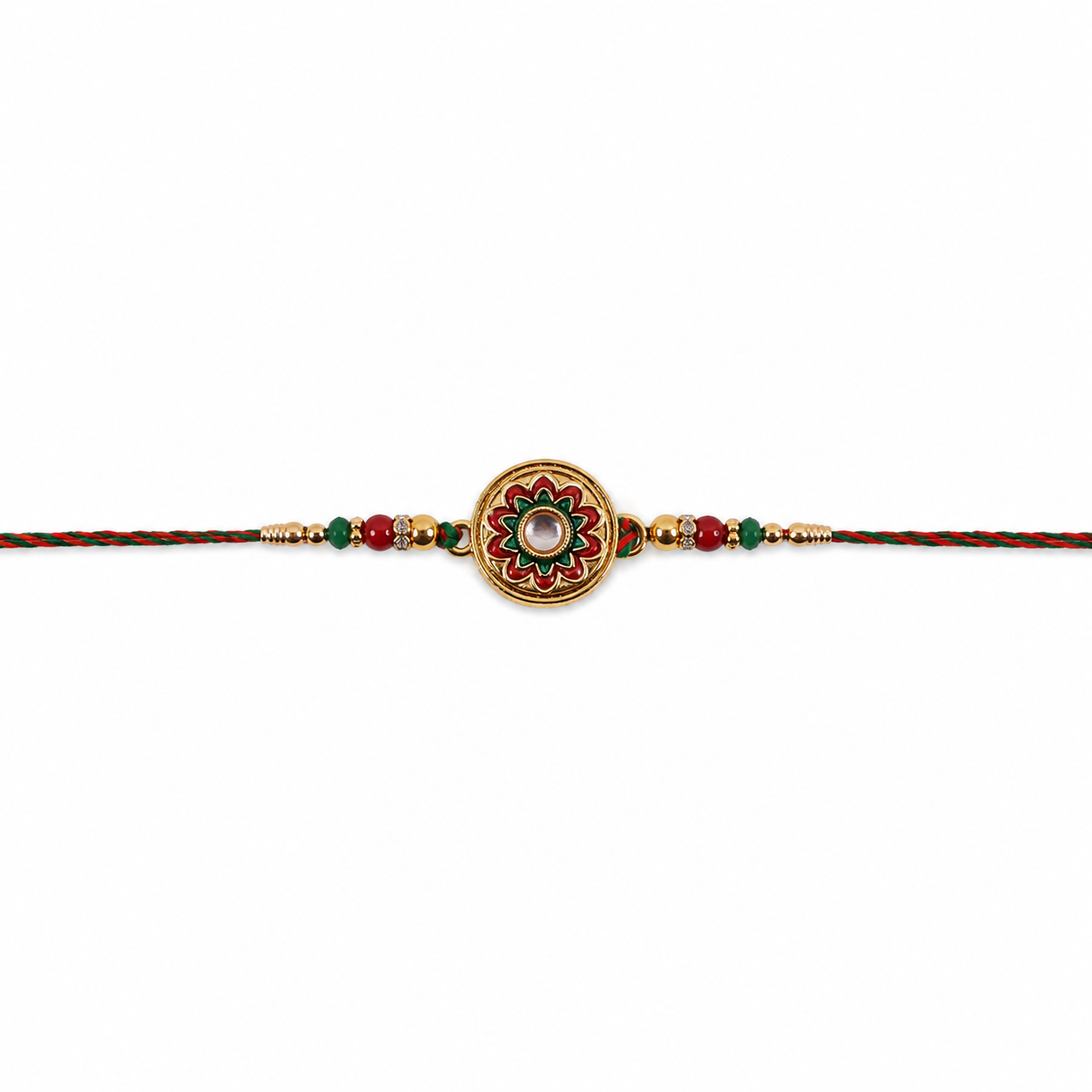 Elegant rakhi displaying round stone charm and beads