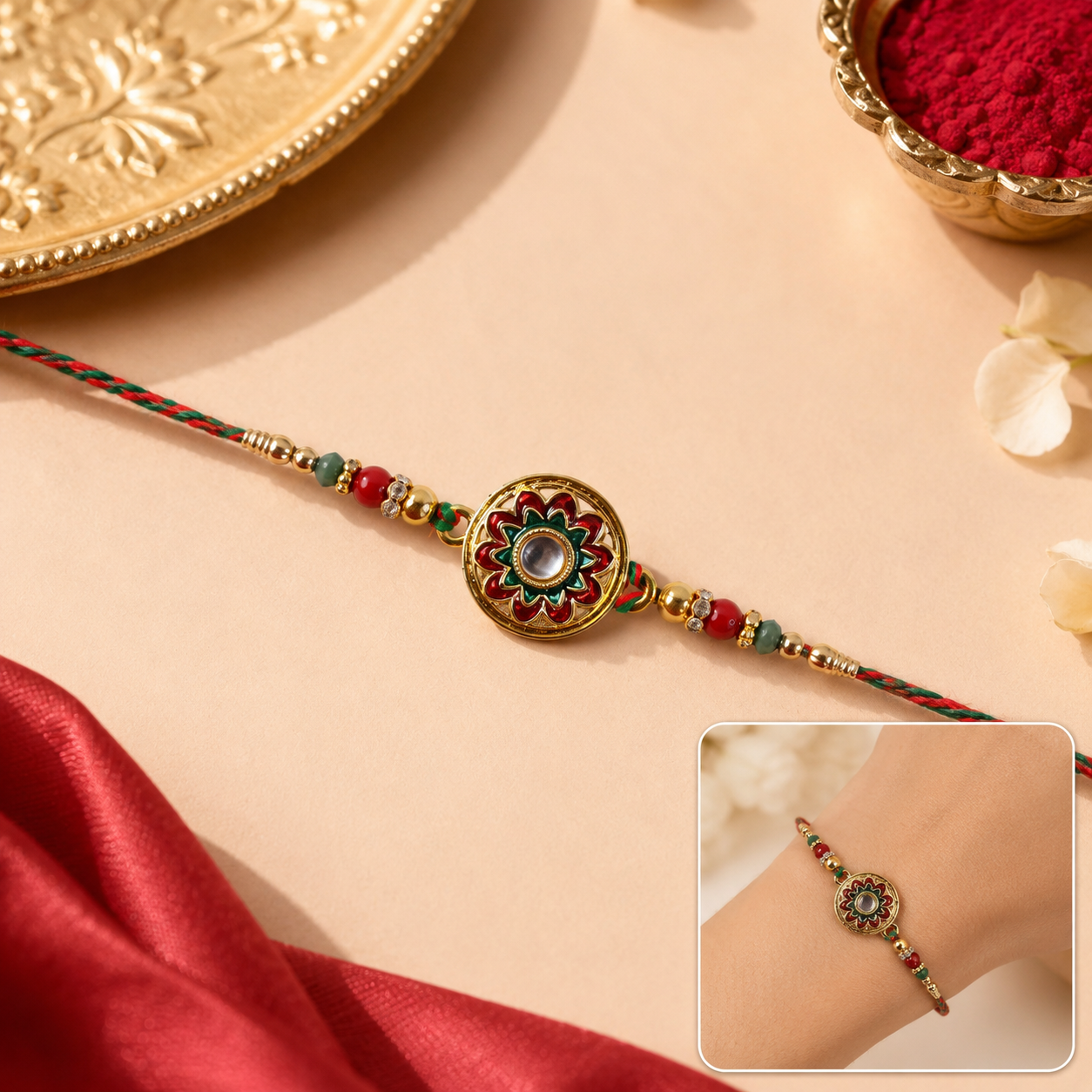 Golden floral round stone charm rakhi with beads front view