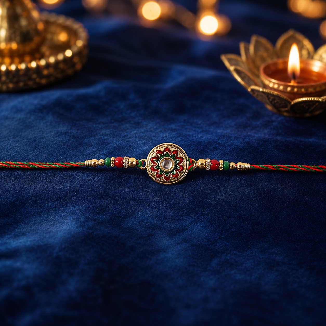 Traditional yet modern golden floral rakhi side view