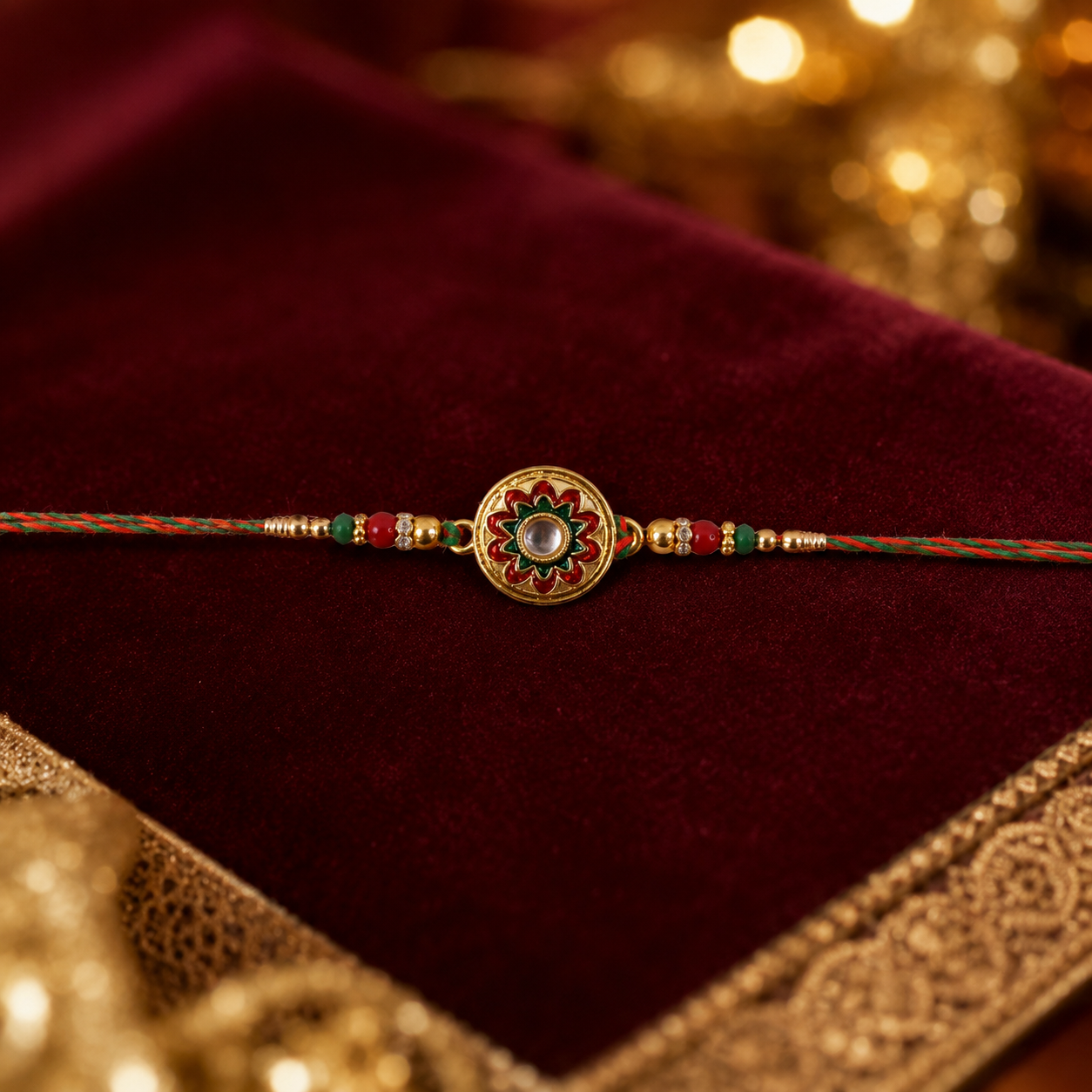 Designer rakhi showing floral charm and bead details