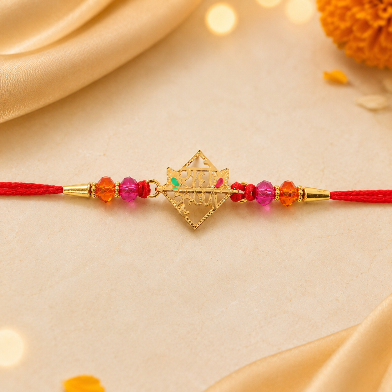 Close-up of golden Radha Krishna charm and crystal beads on rakhi