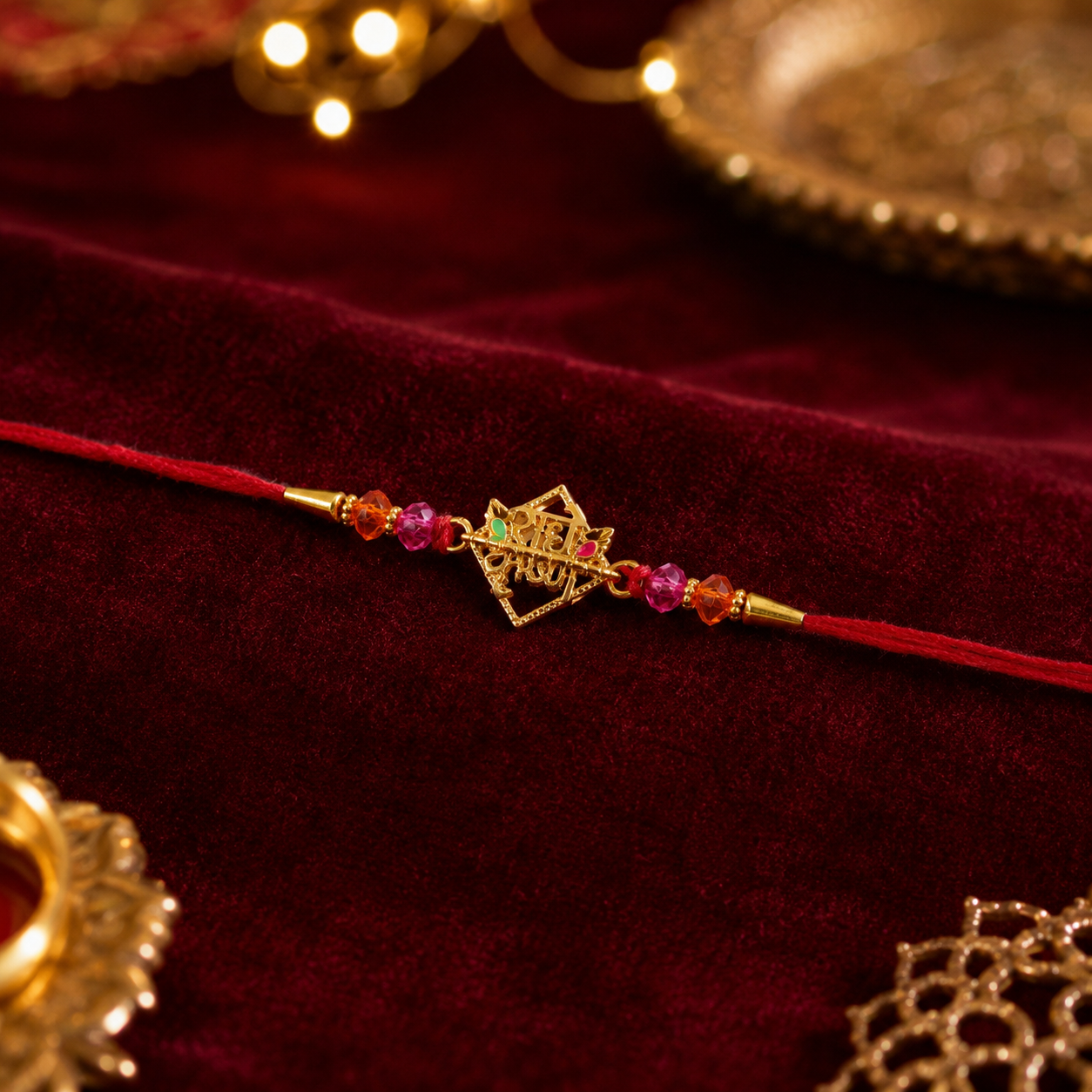 Golden Rakhi with Radha Krishna charm and crystal beads tied on thread