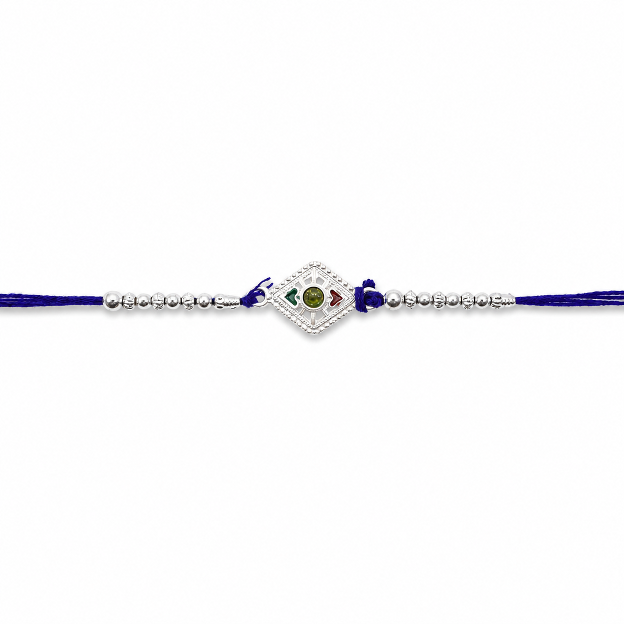 Silver kite shape stone charm Rakhi on white background