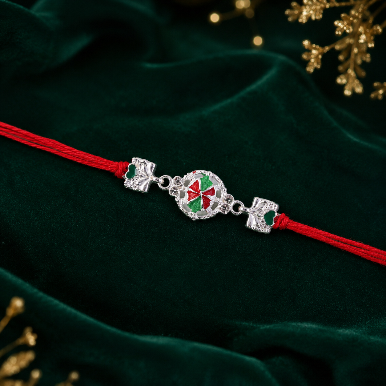 Elegant silver pinwheel flower rakhi displayed flat