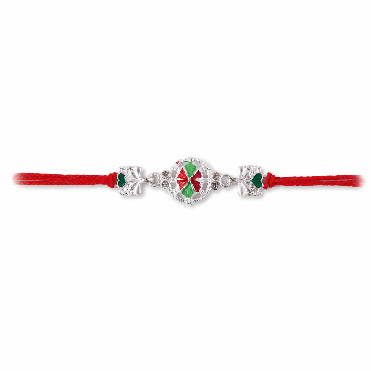 Silver pinwheel flower rakhi showing intricate design