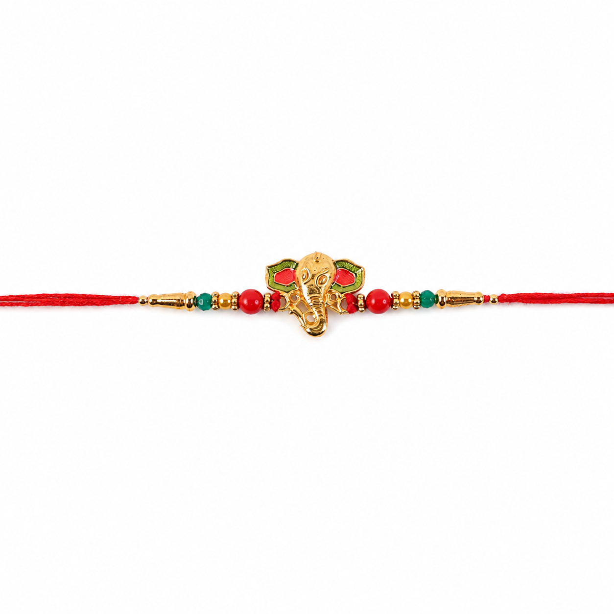 Multicolor bead details on rakhi with golden Ganesha charm