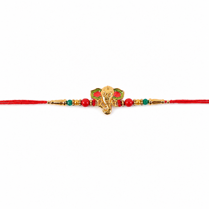 Multicolor bead details on rakhi with golden Ganesha charm