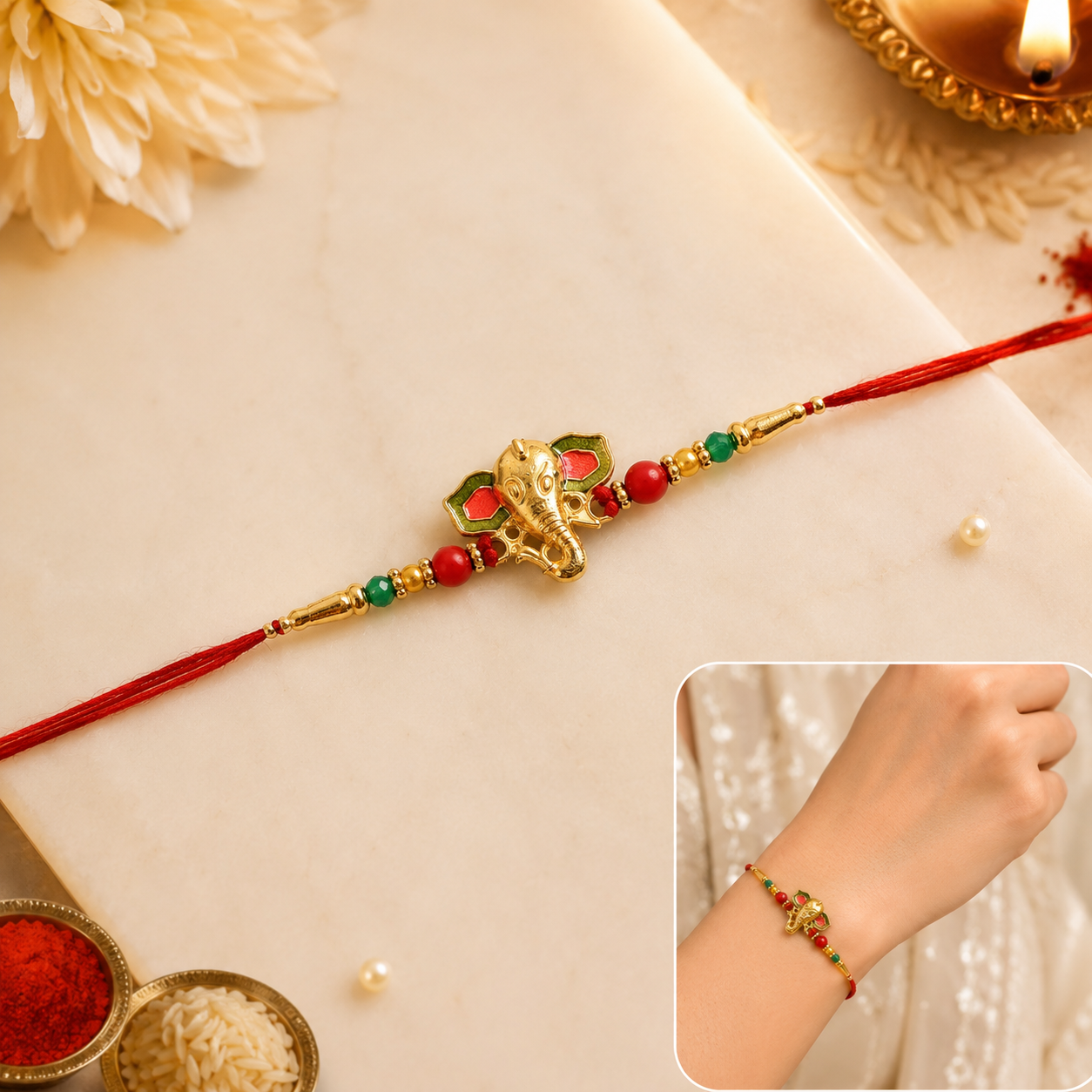 Golden Ganesha charm rakhi with multicolor beads front view
