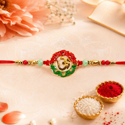 Close-up of Golden Om Beads Rakhi for Brother