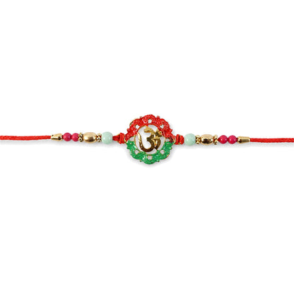 Golden Om Round Beads Rakhi displayed on a festive background
