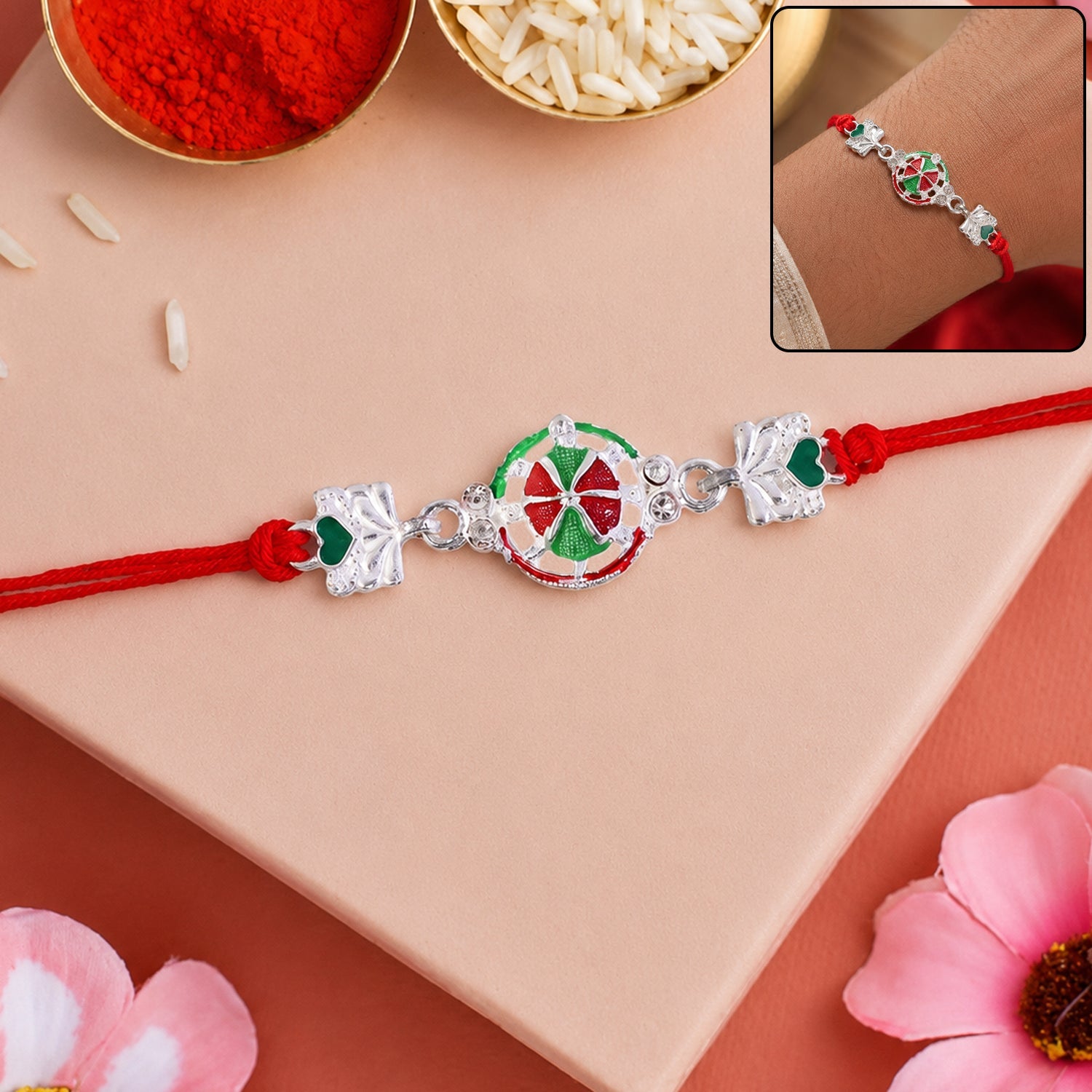 Silver Pinwheel Heart Charm With Dori Rakhi for Brother (1 Pc)