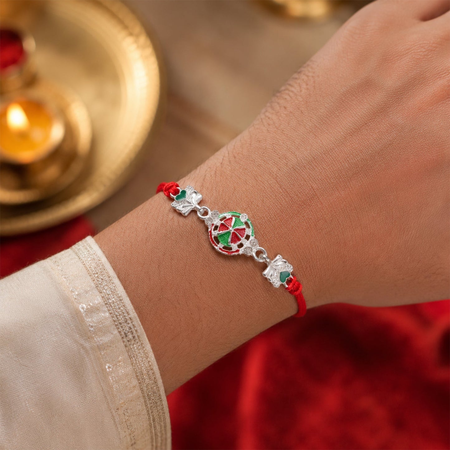 Silver Pinwheel Heart Charm With Dori Rakhi for Brother (1 Pc)