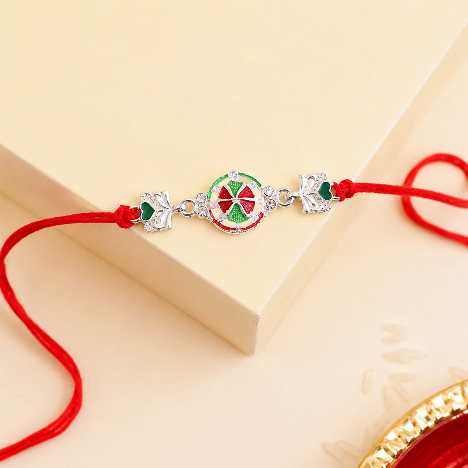 Silver Pinwheel Heart Charm With Dori Rakhi for Brother (1 Pc)