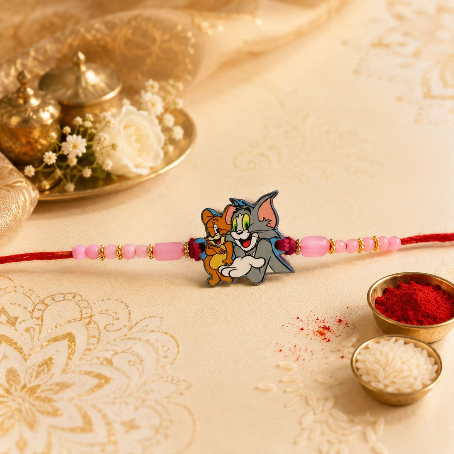 Side view of playful Tom And Jerry cartoon rakhi with beads for children