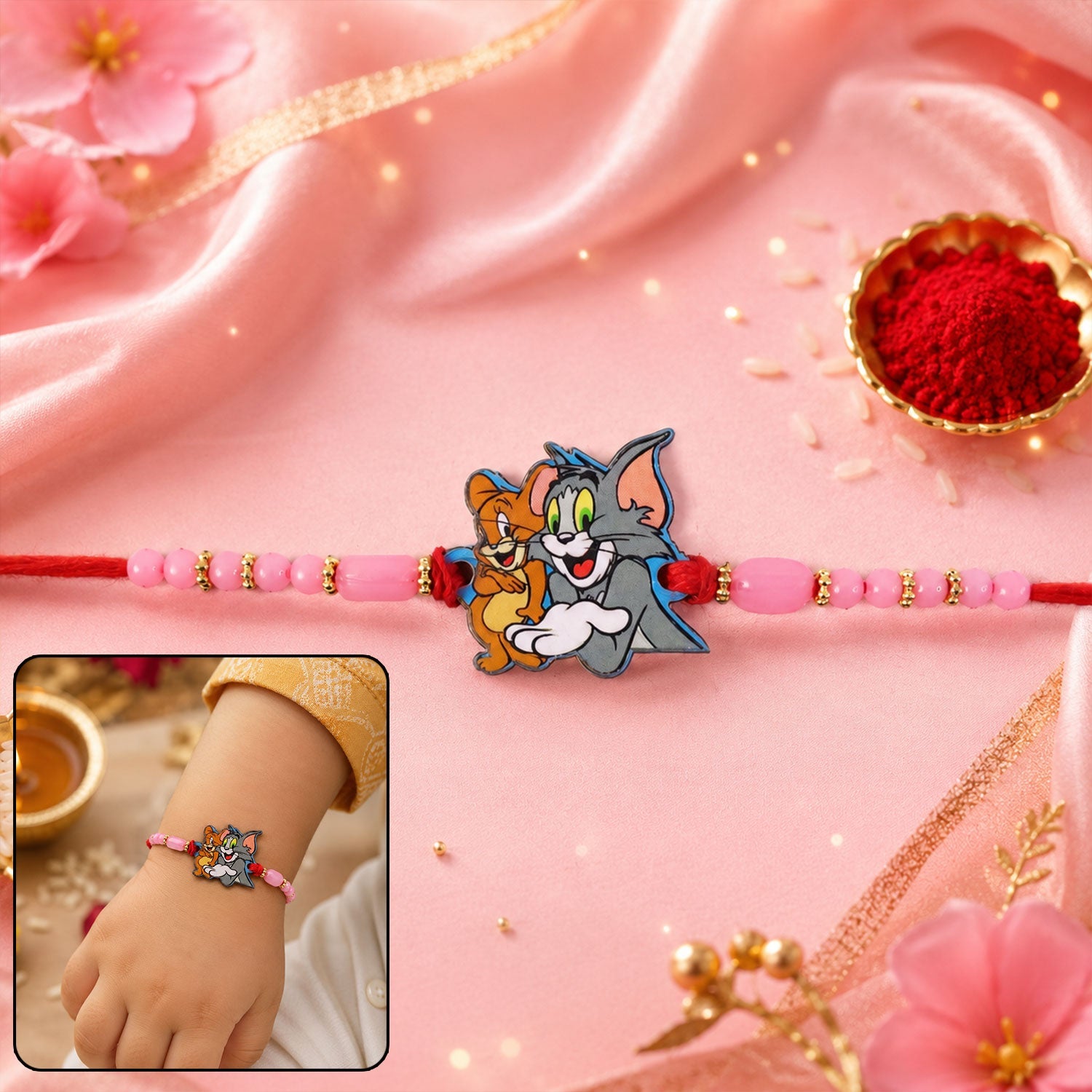 Colorful beads with Tom And Jerry cartoon charm on kid's rakhi