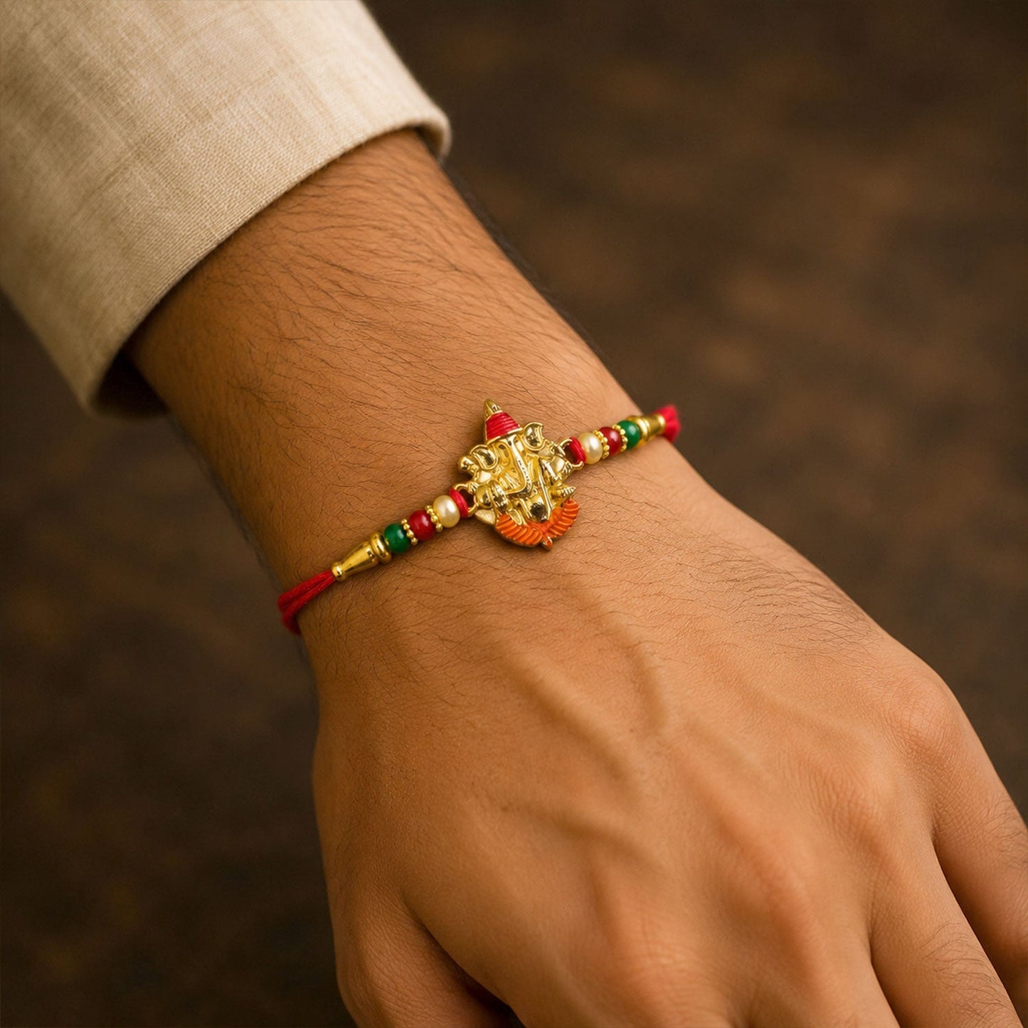 Lord Ganesha Meenakari Work Pearl Beaded Rakhi for Brother