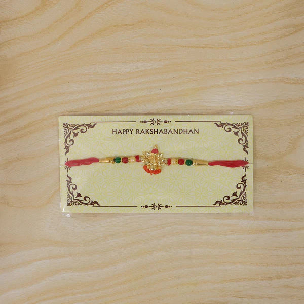 Set of Ganesha Meenakari pearl beaded Rakhis, showcasing various angles.