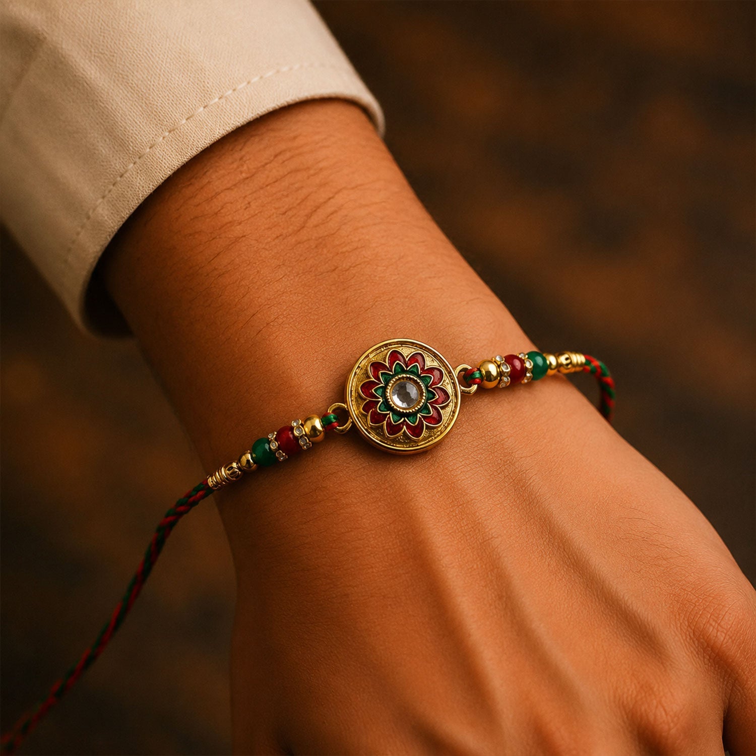 Round Meenakari Rakhi with Kundan Stone