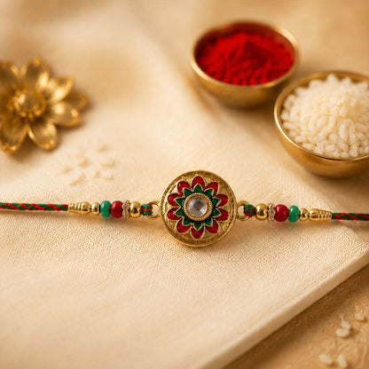 Round Meenakari Rakhi with Kundan Stone