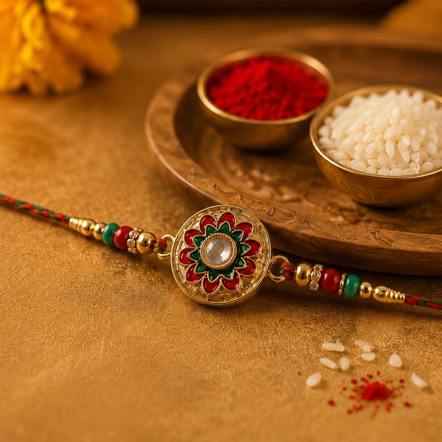Round Meenakari Rakhi with Kundan Stone