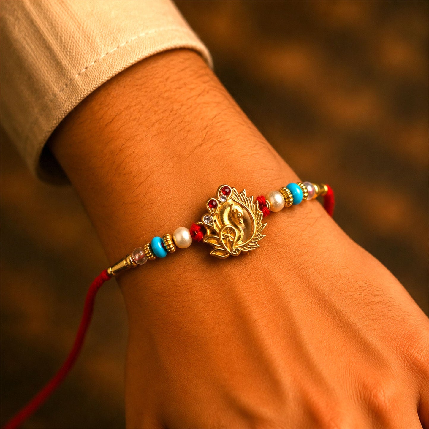 Golden Peacock Rakhi with Turquoise & Pearls