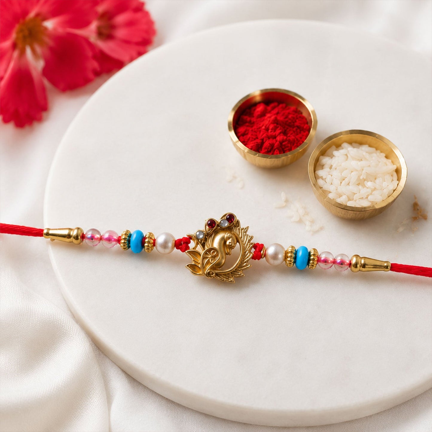 Golden Peacock Rakhi with Turquoise & Pearls