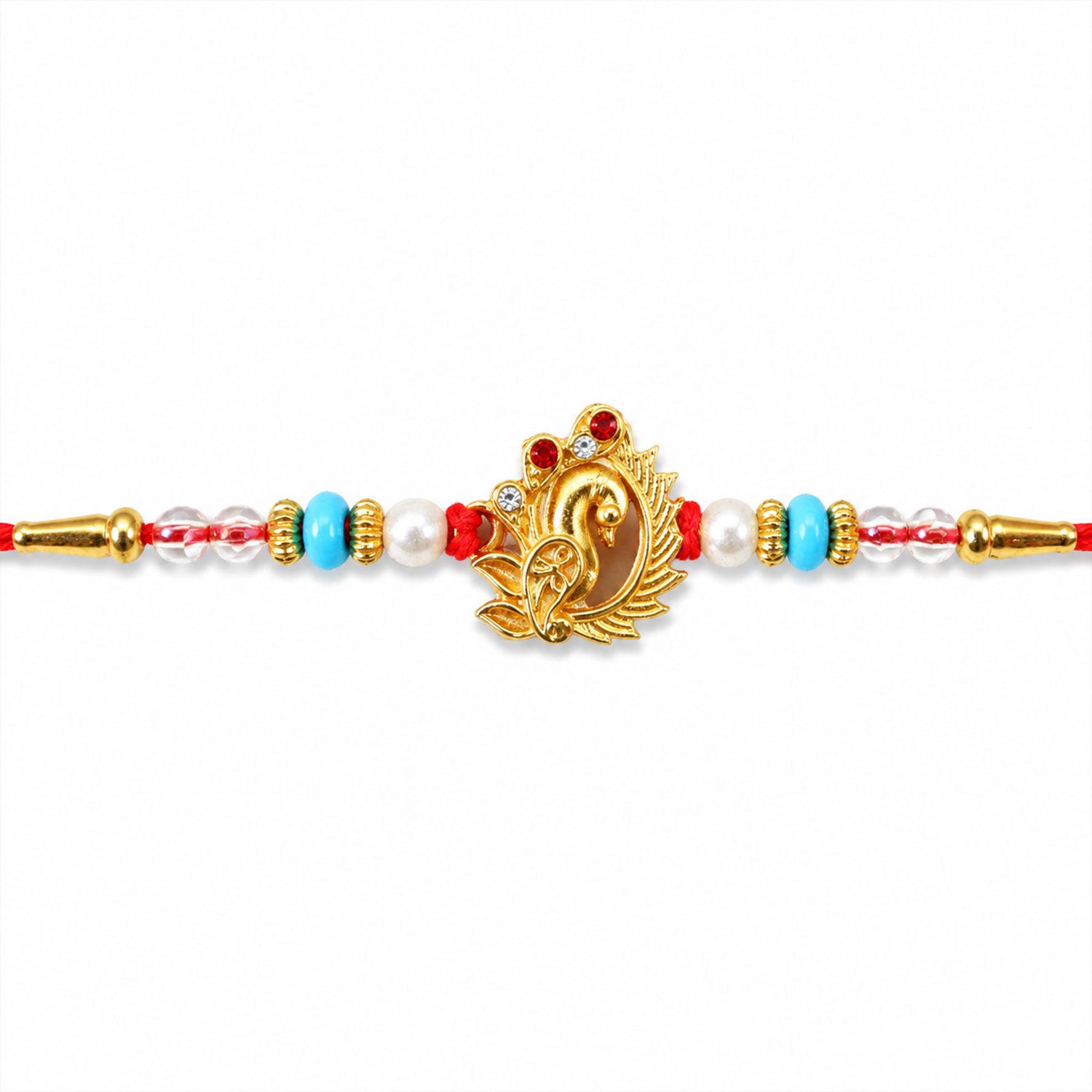 Golden Peacock Rakhi with Turquoise & Pearls