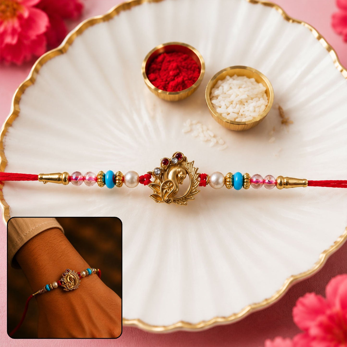 Golden Peacock Rakhi with Turquoise & Pearls