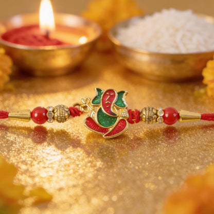 Lord Ganesha Meenakari Rakhi in Red & Green