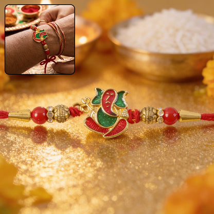Lord Ganesha Meenakari Rakhi in Red & Green