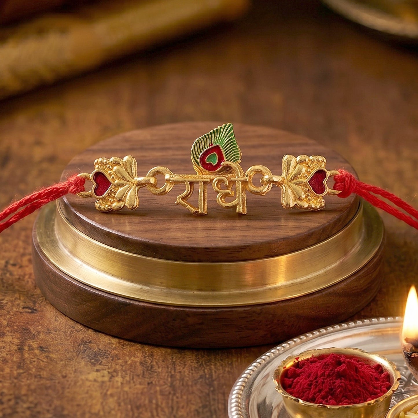 Golden 'Radhe' Rakhi with Peacock Feather