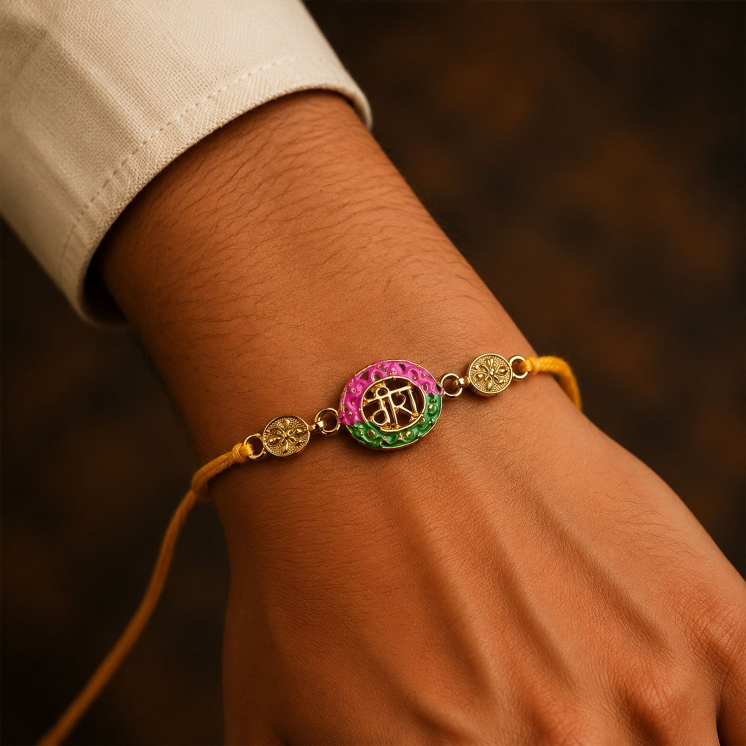 Pink & Green Meenakari Oval Veera Rakhi
