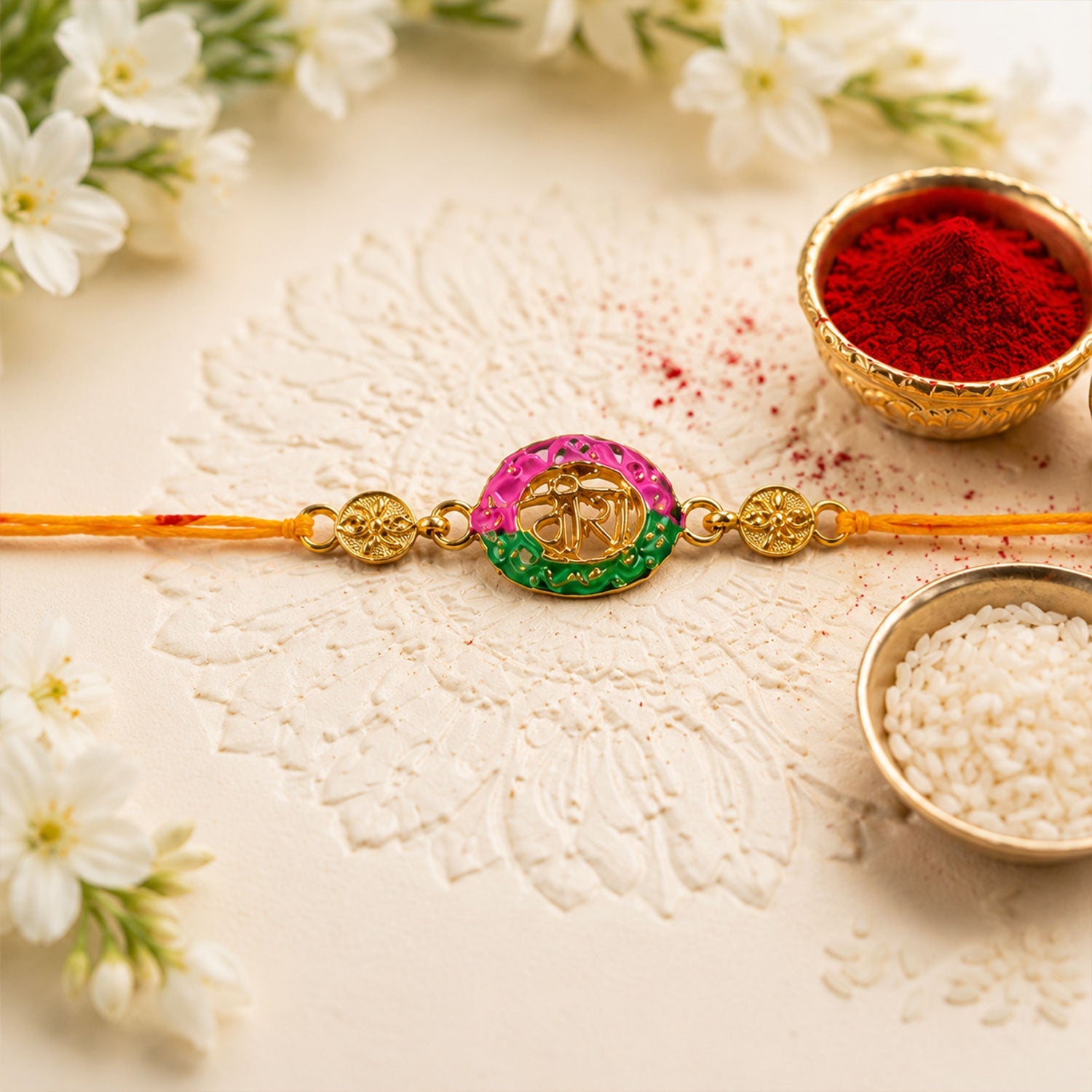 Pink & Green Meenakari Oval Veera Rakhi