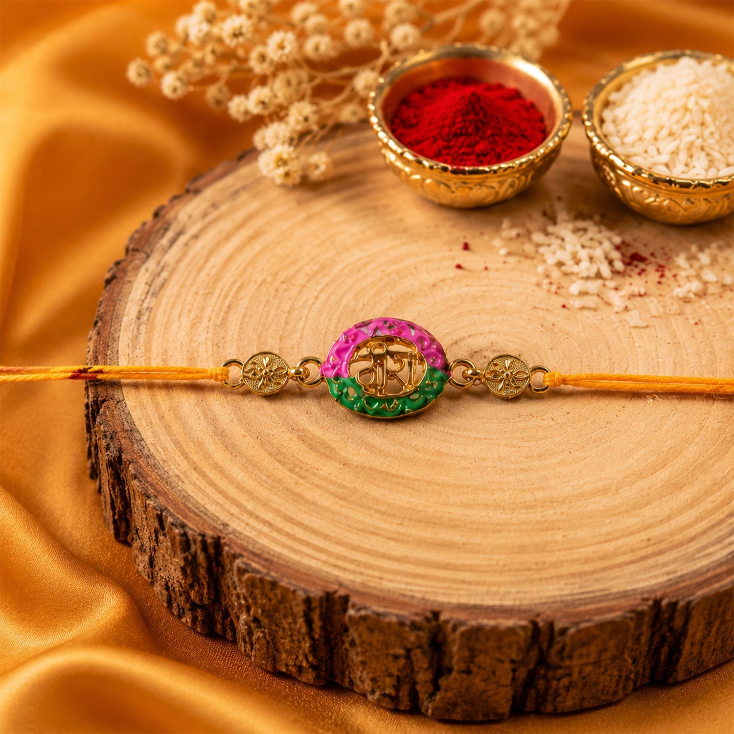 Pink & Green Meenakari Oval Veera Rakhi