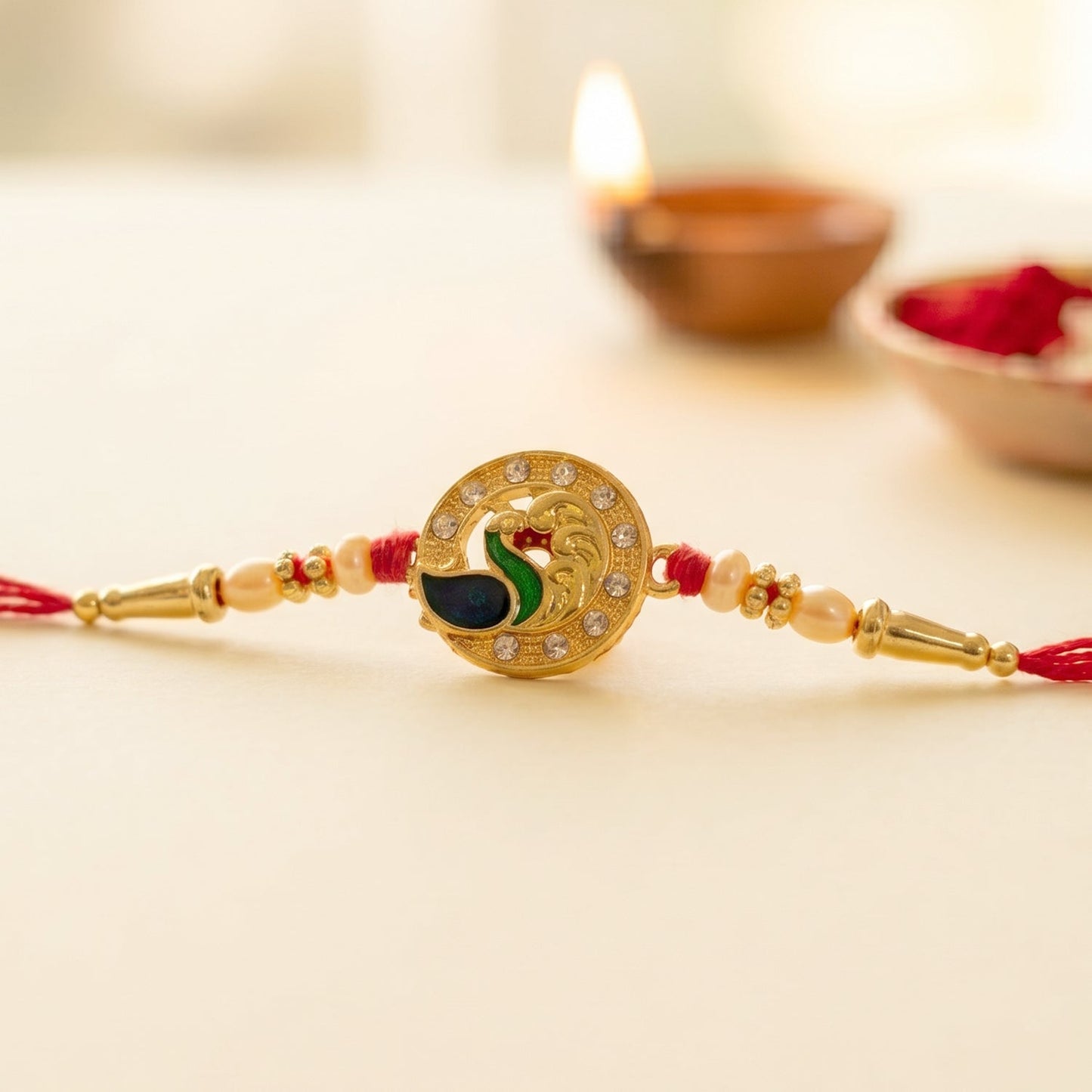 Golden Peacock Rakhi with CZ Stones