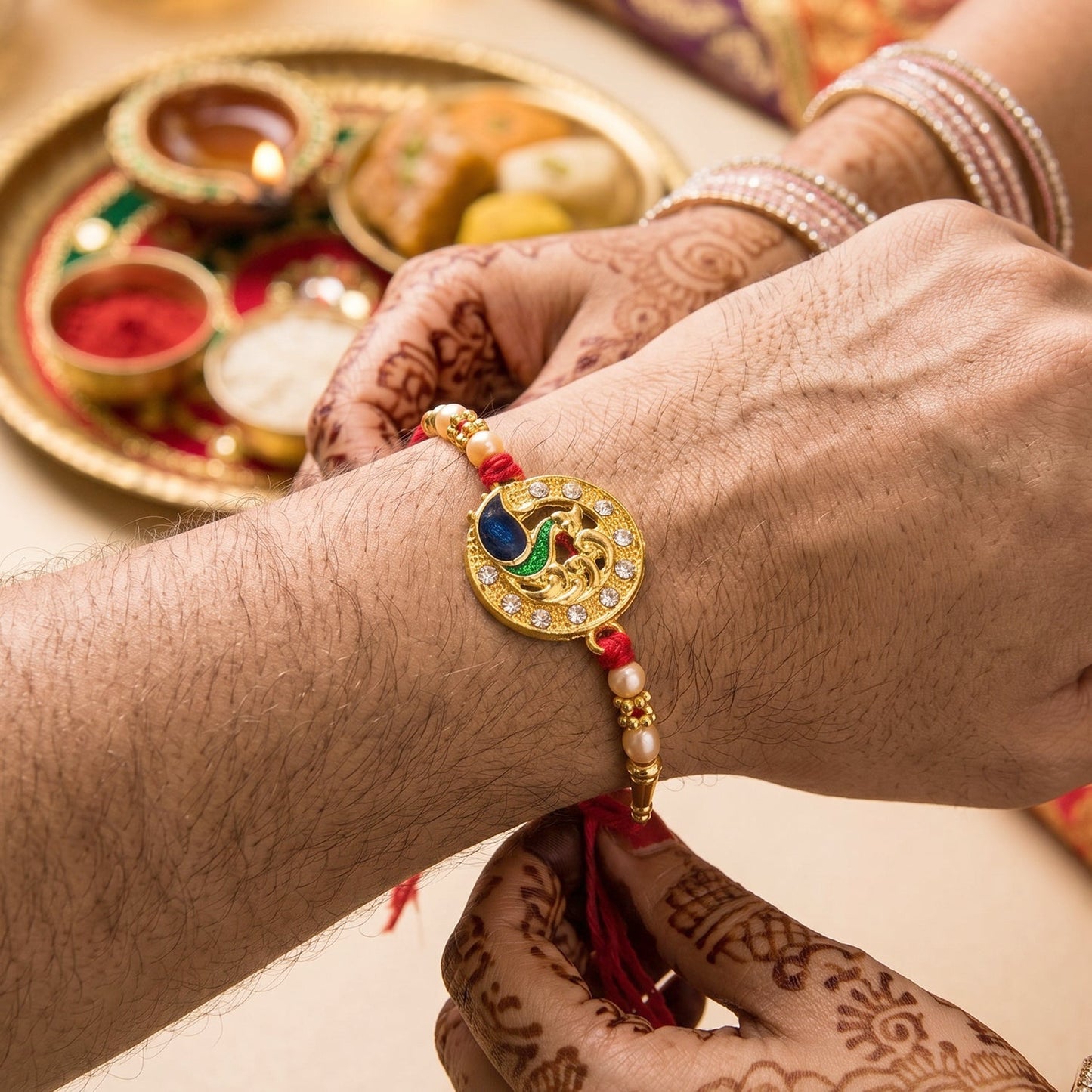 Golden Peacock Rakhi with CZ Stones