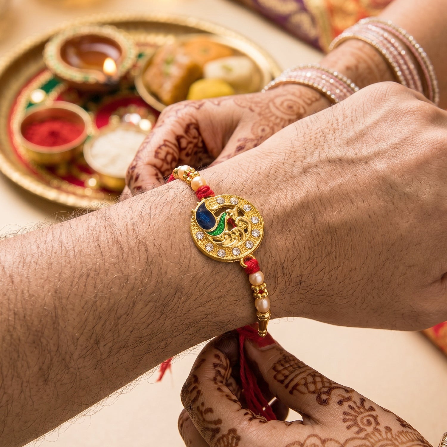 Golden Peacock Rakhi with CZ Stones