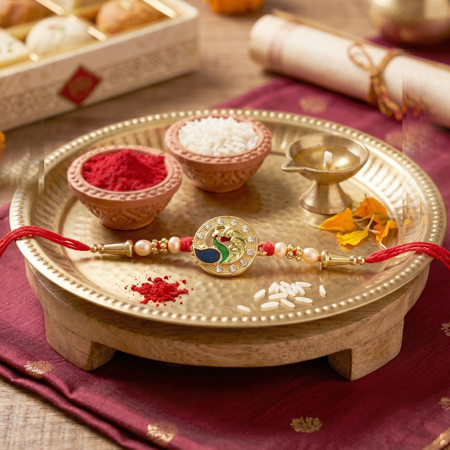 Golden Peacock Rakhi with CZ Stones