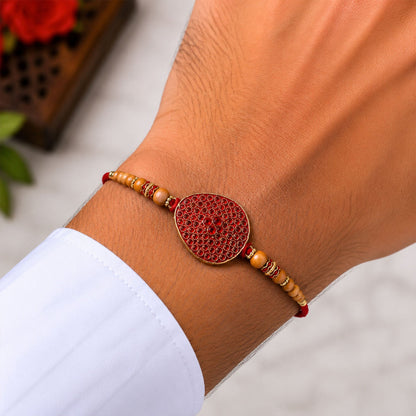 Red Stone Disc Rakhi with Wooden Beads