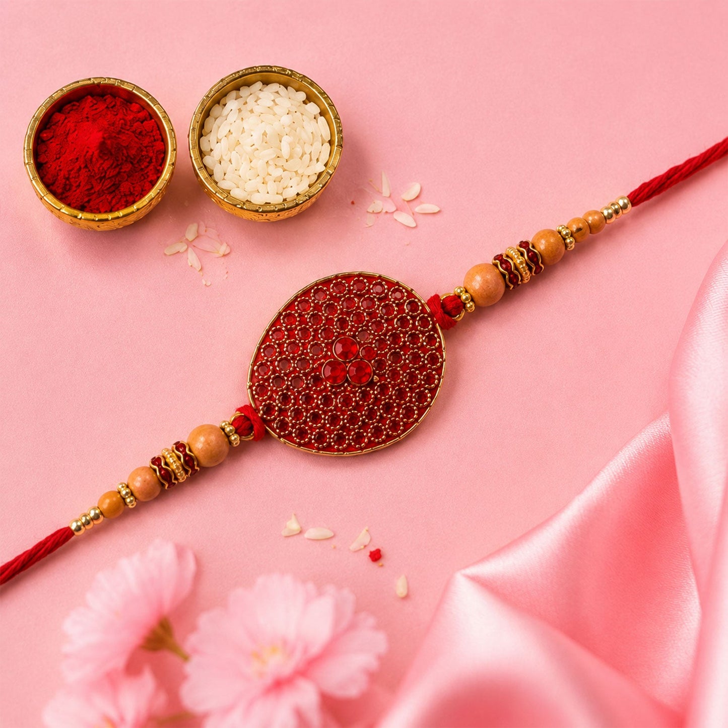 Red Stone Disc Rakhi with Wooden Beads