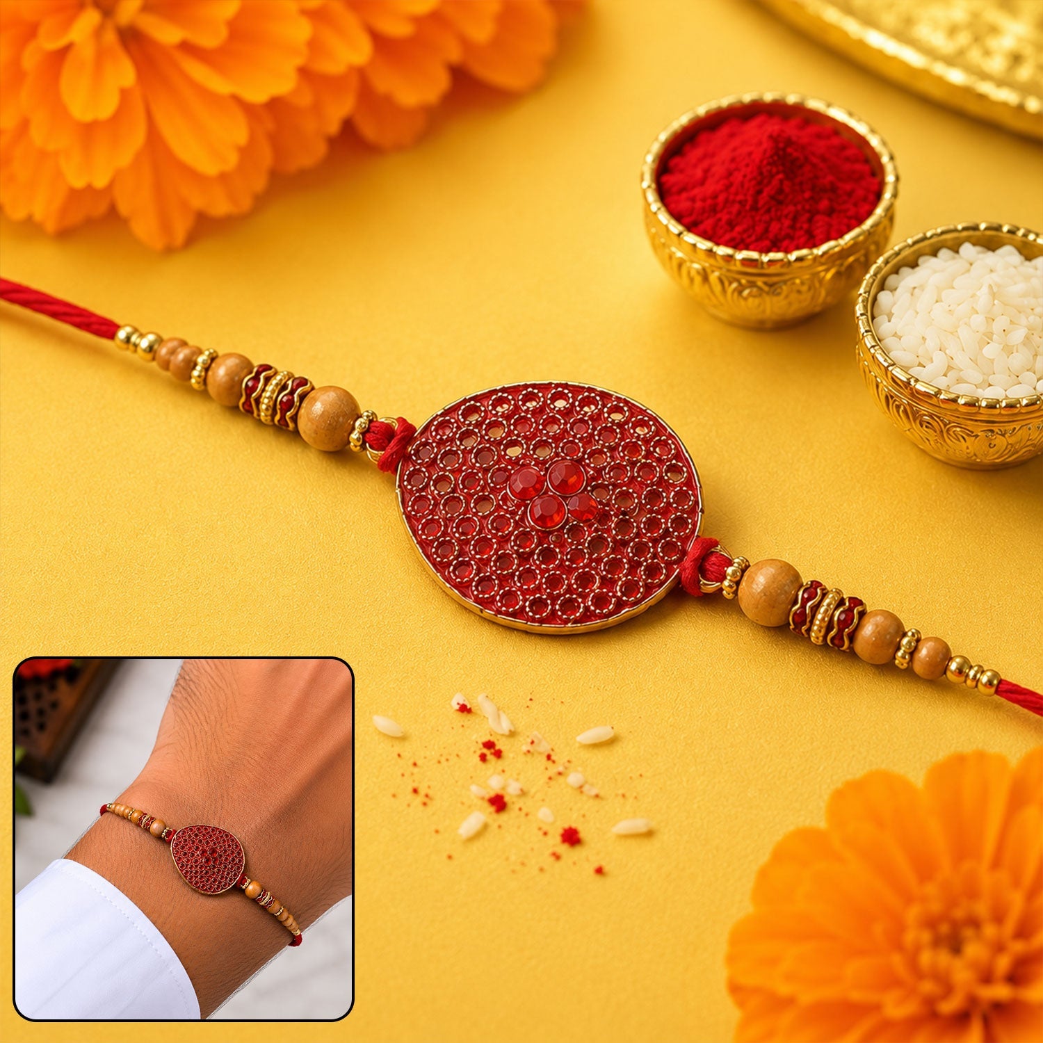 Red Stone Disc Rakhi with Wooden Beads