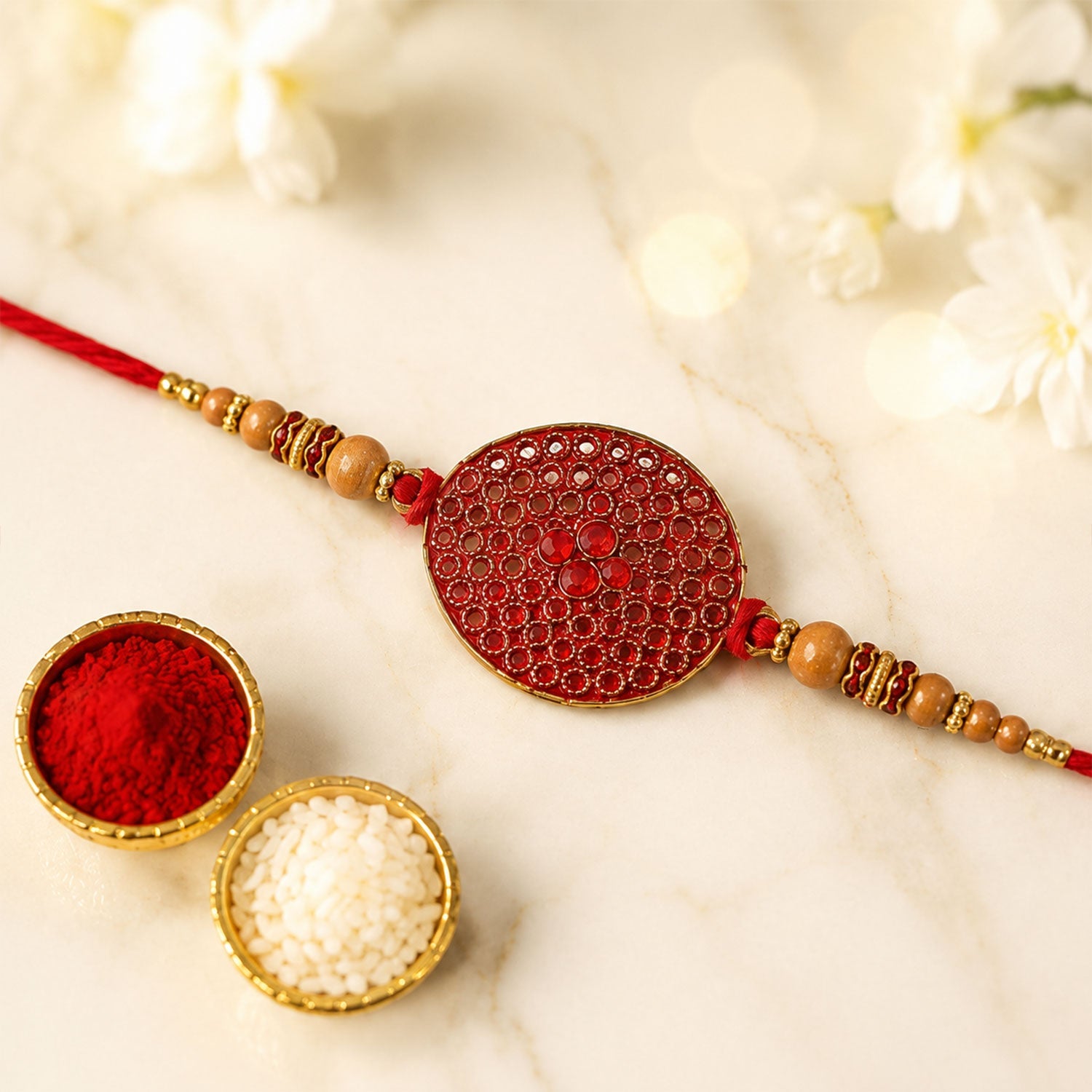 Red Stone Disc Rakhi with Wooden Beads