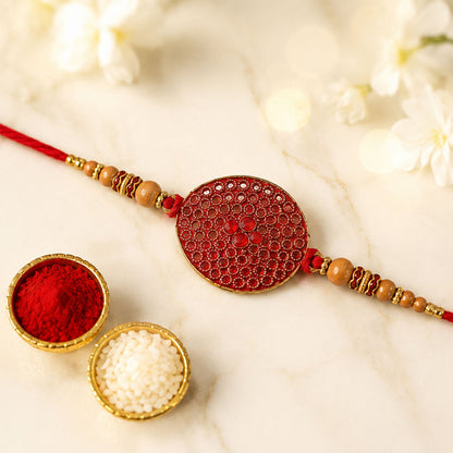 Red Stone Disc Rakhi with Wooden Beads