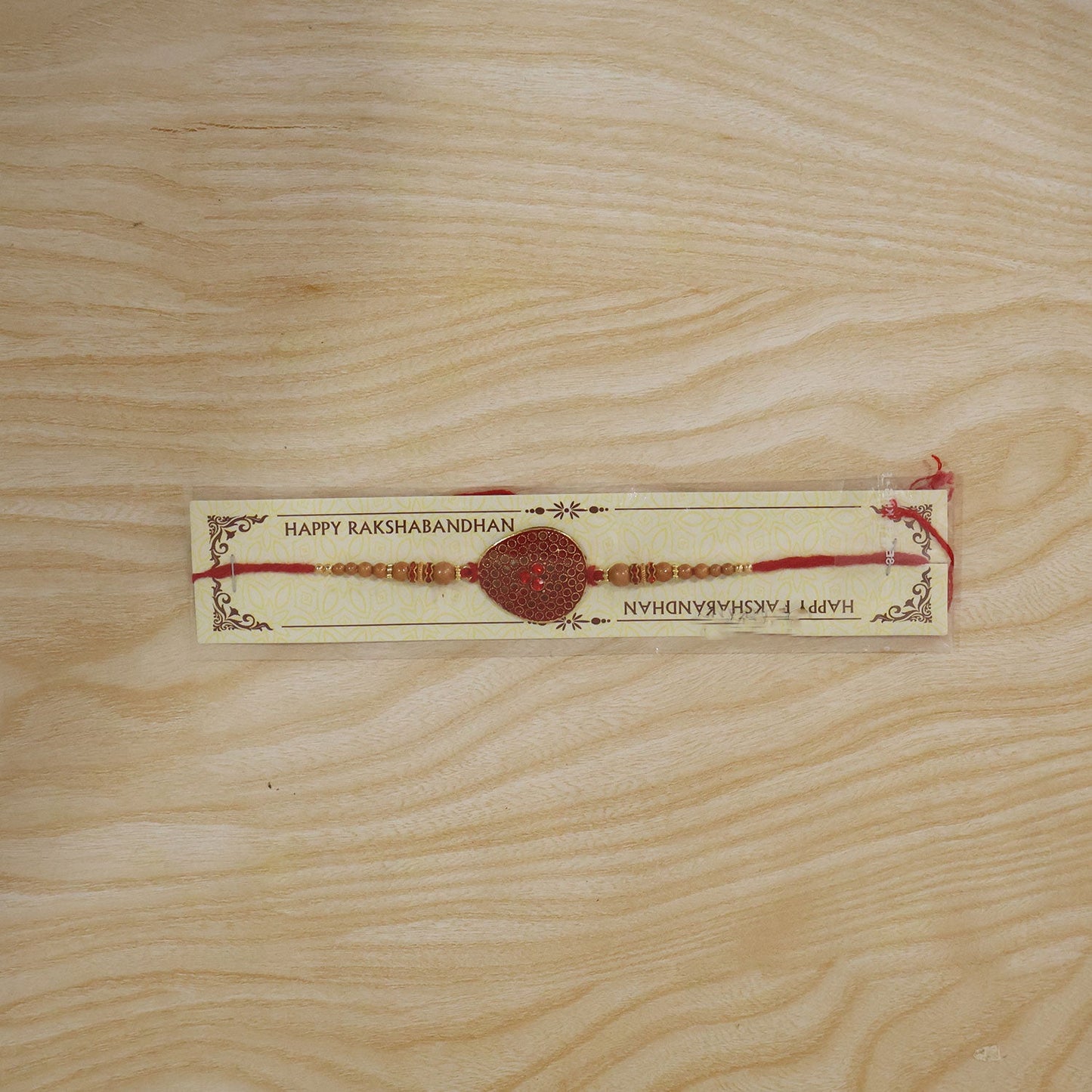 Red Stone Disc Rakhi with Wooden Beads