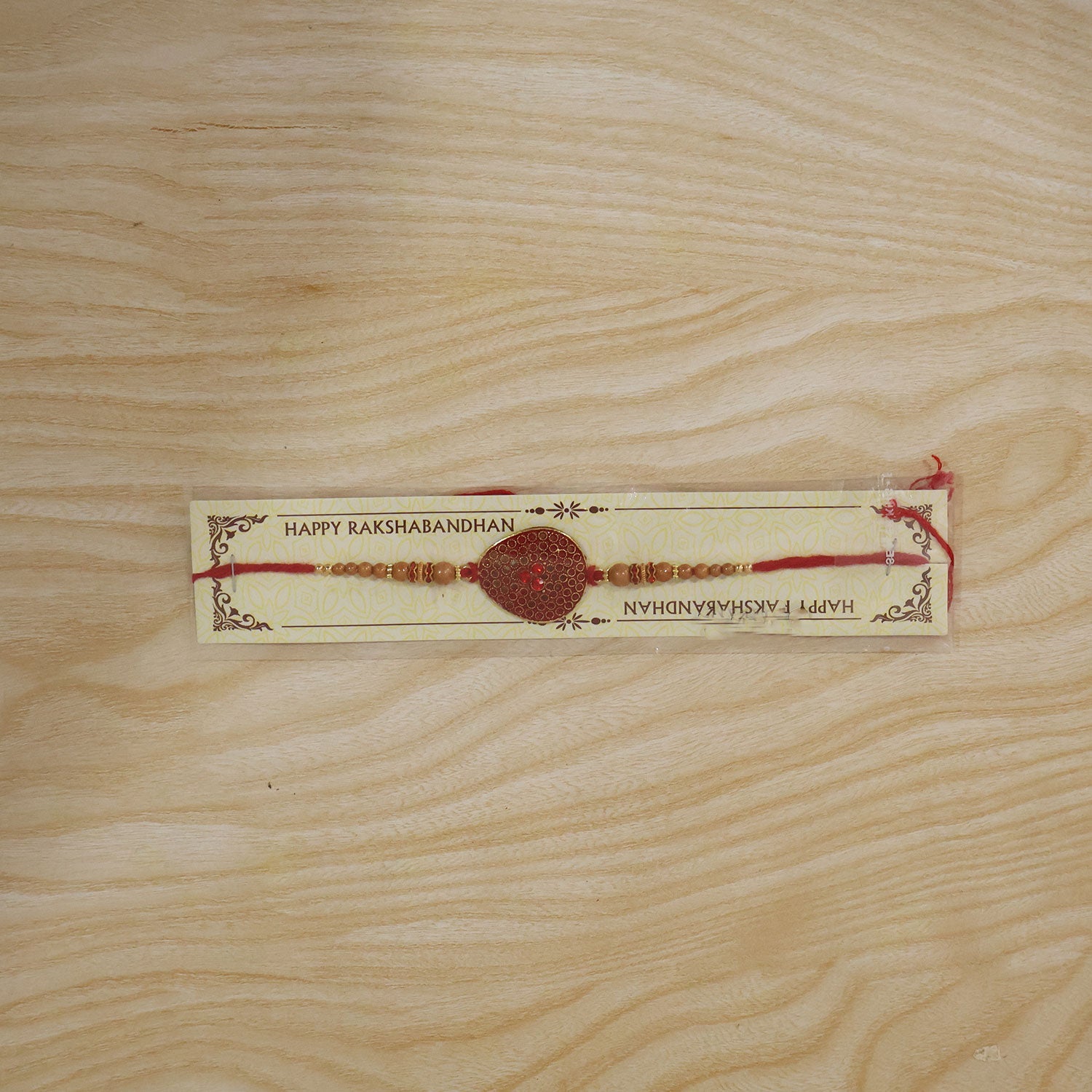 Red Stone Disc Rakhi with Wooden Beads