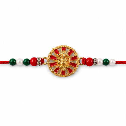 Golden Ganesha Wheel Rakhi with Red Enamel