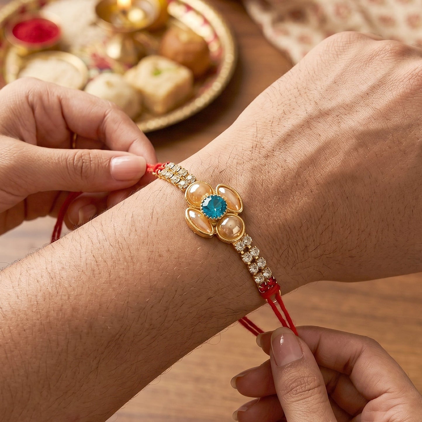 Floral American Diamond Rakhi with Turquoise